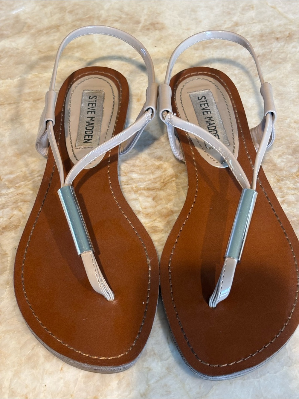 Steve Madden White and Brown T-Strap Sandals with Metallic Accent